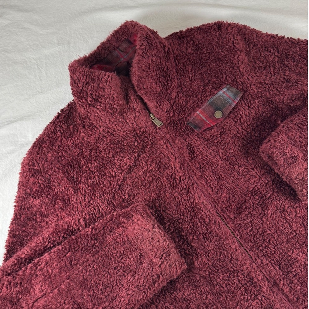 Pendleton Women's Size XL Burgundy Deep Pile Fleece Plaid Trim Full Zip Jacket